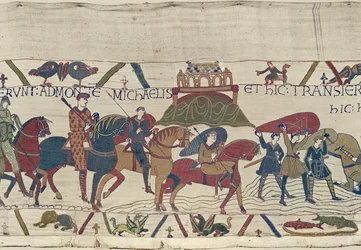 Guillermo lleva a su ejército a Bretaña donde quedan atrapados en arenas movedizas, Tapiz de Bayeux